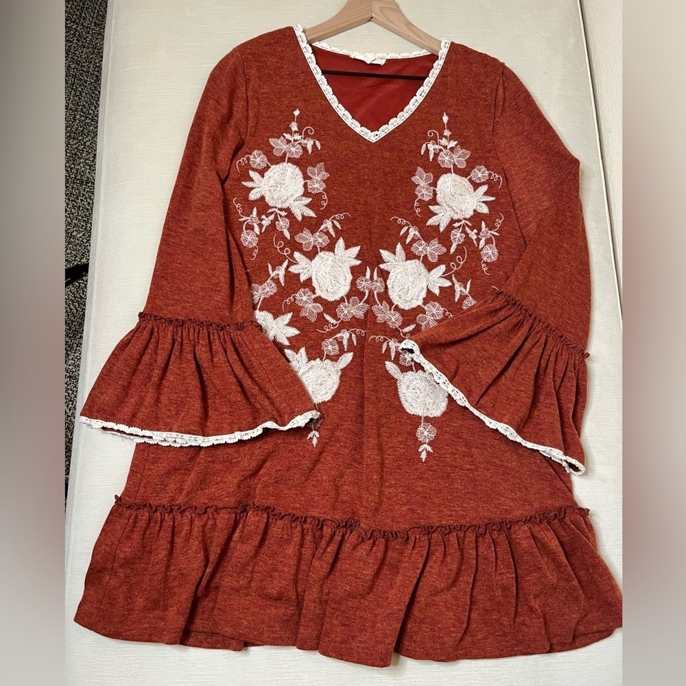 Entro Dress Embroidered Floral Bell Sleeve Boho Cottagecore Ruffle Hem Prairie